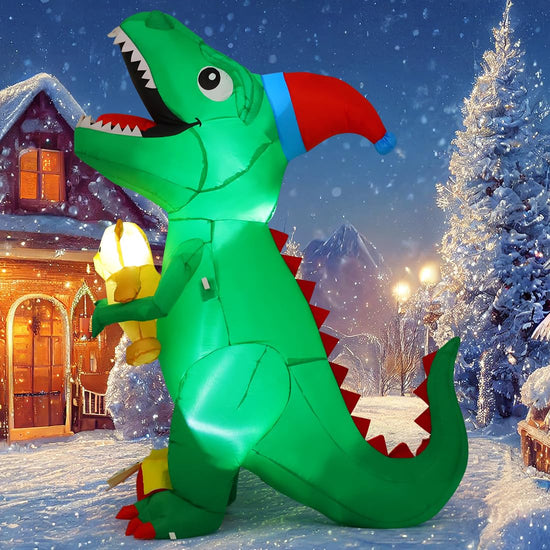 6.8 FT Christmas Inflatables Dinosaur Outdoor Decorations Blow Up Yard T Rex with Xmas Hat Holding a Bear with Built-in LEDs for Garden Lawn Indoor Party Décor
