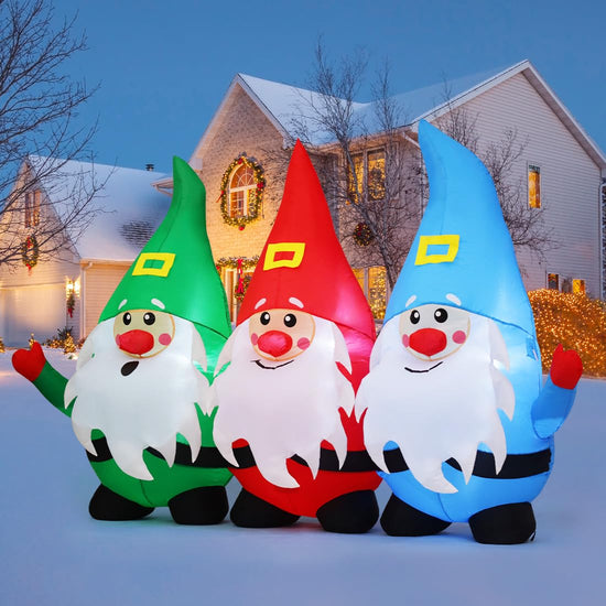 7.5 FT Long Christmas Inflatable Gnomes Outdoor Decoration Blow Up Yard Three Gnomes Holding Hands with Built-in LEDs for Indoor Party Garden Lawn Decor