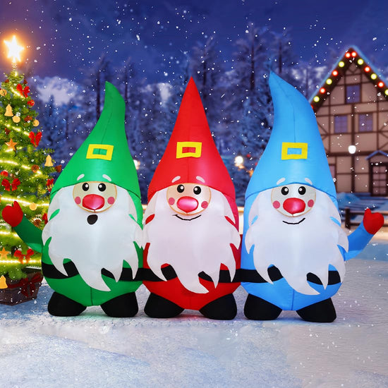 7.5 FT Long Christmas Inflatable Gnomes Outdoor Decoration Blow Up Yard Three Gnomes Holding Hands with Built-in LEDs for Indoor Party Garden Lawn Decor