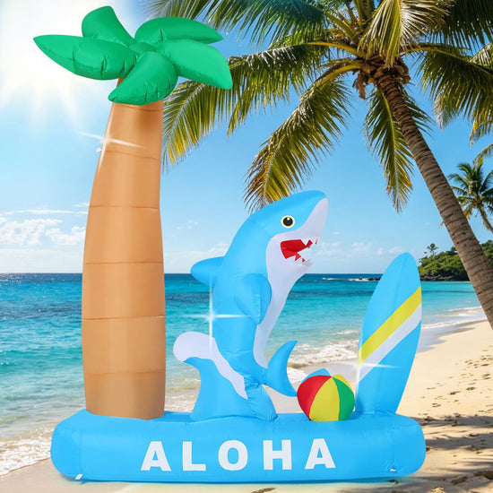 7.4 FT Summer Inflatable Shark with Palm Tree, Surfboard & Beach Ball Outdoor Blow Up Yard Decoration with LED Lights for Hawaiian Beach Party Garden Lawn Birthday Pool Decor