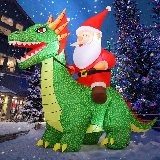 7.2 FT Christmas Inflatable Santa Riding Dinosaur Hot Sale Blow up Santa Claus Outdoor Christmas Decorations with Built-in LEDs