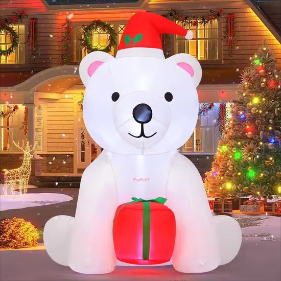 FunPuff Single 4 FT Printed Christmas Inflatable Bear Holding Present LED Lights Blow Factory Price Outdoor Christmas