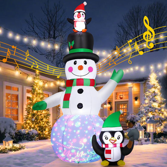 7 FT Christmas Inflatables Snowman and Penguin with Built-in Music & 360° Rotation Colorful Projector LED Light, Blow Up Snowman Outdoor Christmas Decoration