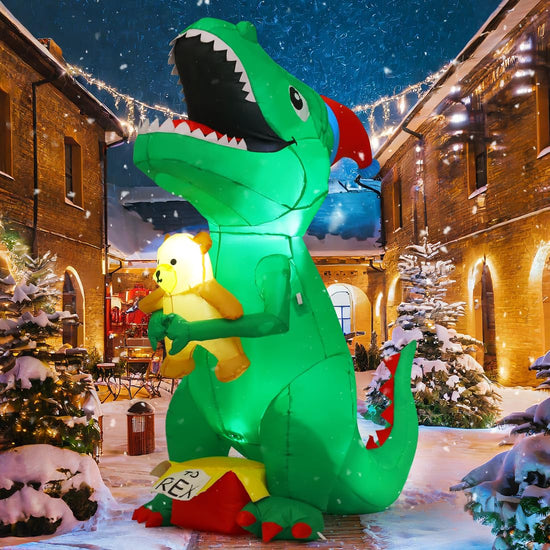 6.8 FT Christmas Inflatables Dinosaur Outdoor Decorations Blow Up Yard T Rex with Xmas Hat Holding a Bear with Built-in LEDs for Garden Lawn Indoor Party Décor