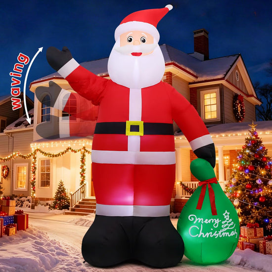 GOOSH 10.3 FT Waving Christmas Inflatable Santa Decorations, Outdoor Christmas Santa Claus with Gift Bag&Animated Hand Blow Up Yard Decor with Built-in LEDs