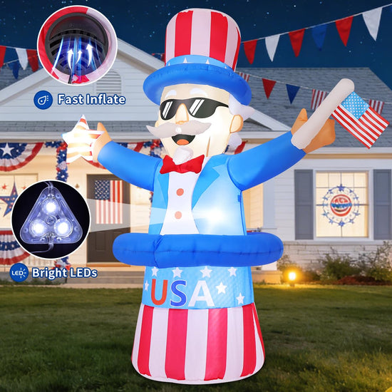 6FT Patriotic Independence Day 4th of July Inflatables Outdoor Decorations, Inflatable Uncle Sam with Flag Built-in LED Lights Blow up Decor for Holiday Party Yard Lawn