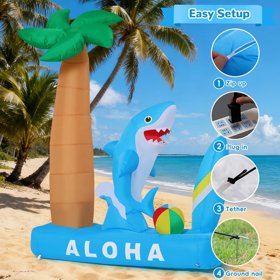 7.4 FT Summer Inflatable Shark with Palm Tree, Surfboard & Beach Ball Outdoor Blow Up Yard Decoration with LED Lights for Hawaiian Beach Party Garden Lawn Birthday Pool Decor