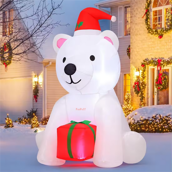 FunPuff Single 4 FT Printed Christmas Inflatable Bear Holding Present LED Lights Blow Factory Price Outdoor Christmas