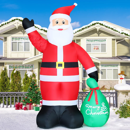 GOOSH 10.3 FT Waving Christmas Inflatable Santa Decorations, Outdoor Christmas Santa Claus with Gift Bag&Animated Hand Blow Up Yard Decor with Built-in LEDs