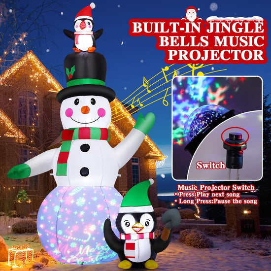 7 FT Christmas Inflatables Snowman and Penguin with Built-in Music & 360° Rotation Colorful Projector LED Light, Blow Up Snowman Outdoor Christmas Decoration