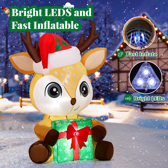 5 FT Christmas Inflatables Reindeer Outdoor Decorations Blow Up Yard Cute Deer Holding a Box with Built-in LEDs for Garden Lawn Indoor Party Decor