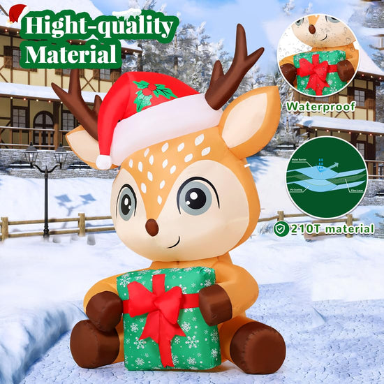 5 FT Christmas Inflatables Reindeer Outdoor Decorations Blow Up Yard Cute Deer Holding a Box with Built-in LEDs for Garden Lawn Indoor Party Decor